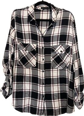 Sanctuary Boyfriend Shirt Plaid Medium Snap‎ Up Black White Red Check Women